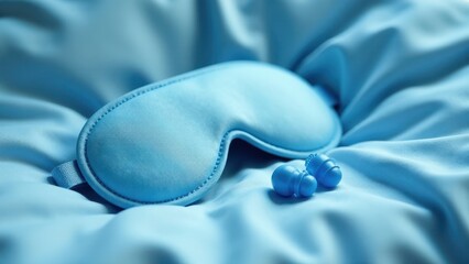 Peaceful slumber awaits soft blue sleep mask and earplugs rest gently on a tranquil blue fabric, promising a night of undisturbed rest.