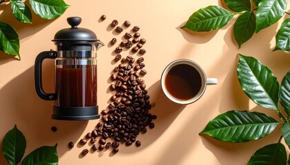 Cozy flat lay of coffee beans and french press with ceramic mug on glass surface